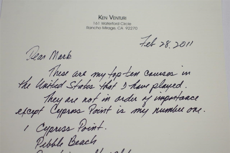 Ken Venturi's Personal Hand-Written & Signed Top Ten Courses Played in the US Letter JSA ALOA
