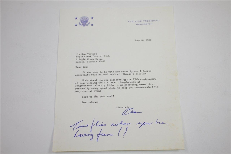 Ken Venturi's Personal Signed Letter & Photo from Vice President Dan Quayle JSA ALOA