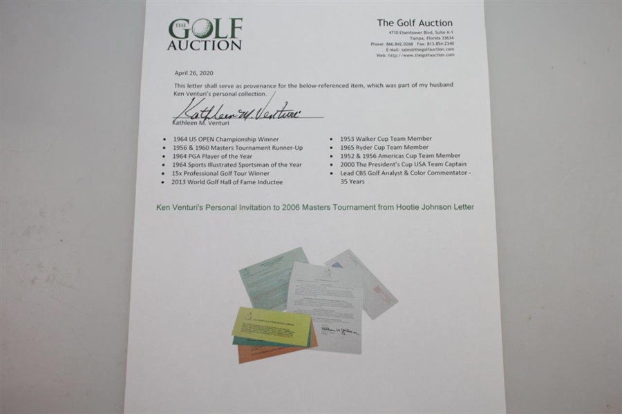Ken Venturi's Personal Invitation to 2006 Masters Tournament from Hootie Johnson Letter