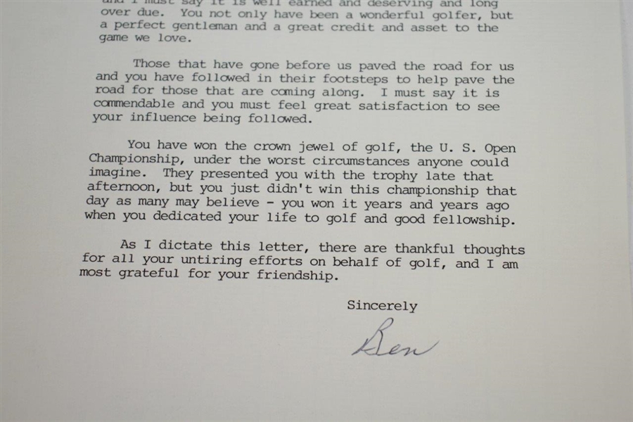 Ken Venturi's Personal Signed Letter from Ben Hogan - US Open Under Toughest Content JSA ALOA