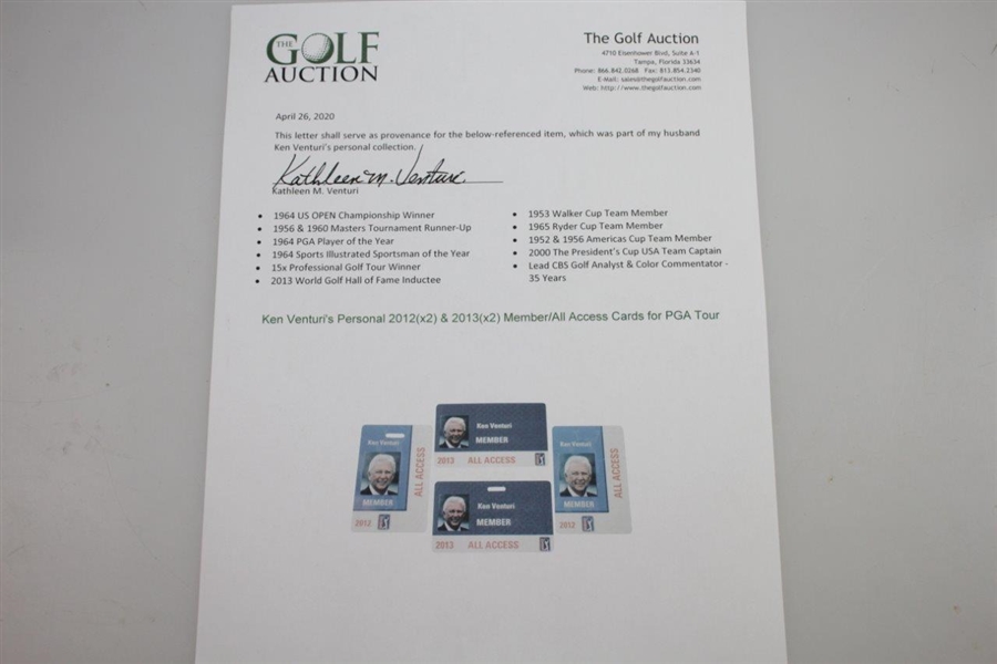 Ken Venturi's Personal 2012(x2) & 2013(x2) Member/All Access Cards for PGA Tour