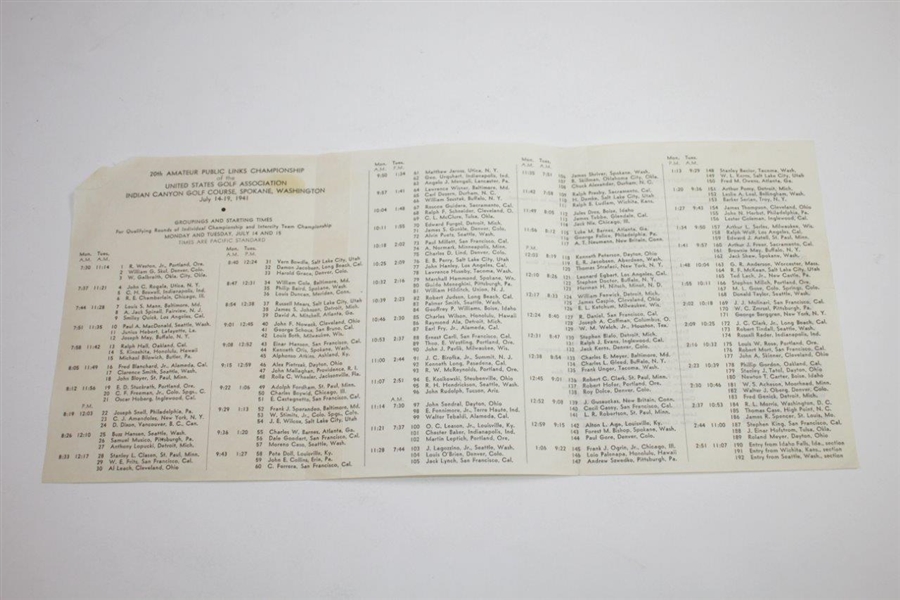1941 US Public Links at Indian Canyon GC Program, Pairing Sheet, & Contestant Courtesy Tickets Booklet