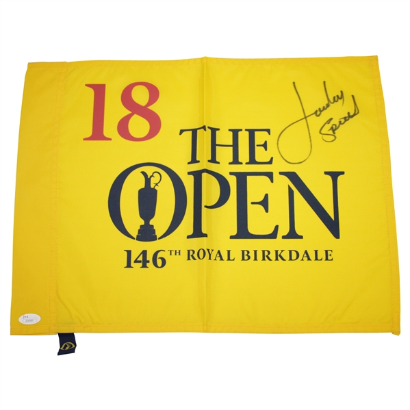 Jordan Spieth Signed Full Signature The OPEN at Royal Birkdale Flag JSA FULL #Z06989