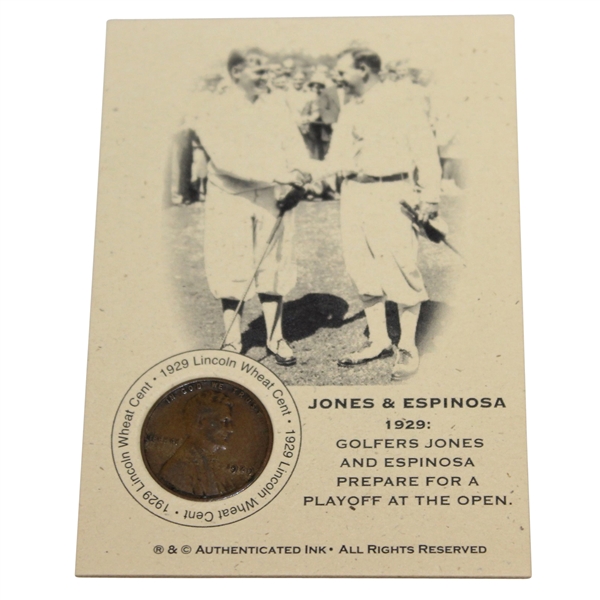 Bobby Jones & Espinosa 1929 'Prepare for a Playoff at the Open' Lincoln Wheat Penny Card
