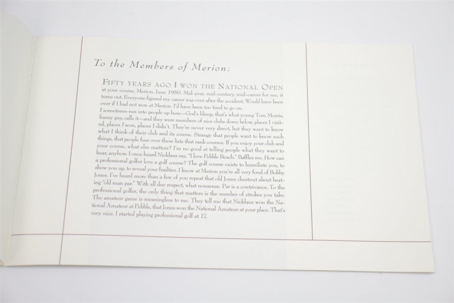 Merion Golf Club 2000 Booklet 'A Letter From Ben'