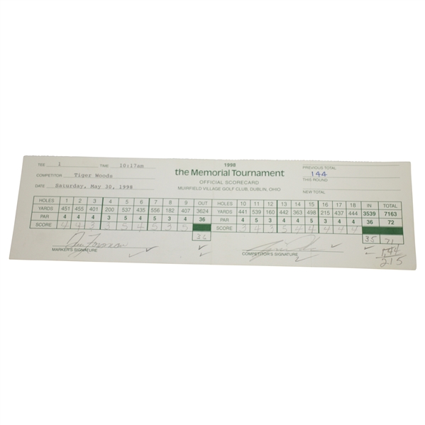 Tiger Woods Signed 1998 Memorial Tournament Used Official Scorecard PSA/DNA #H50300