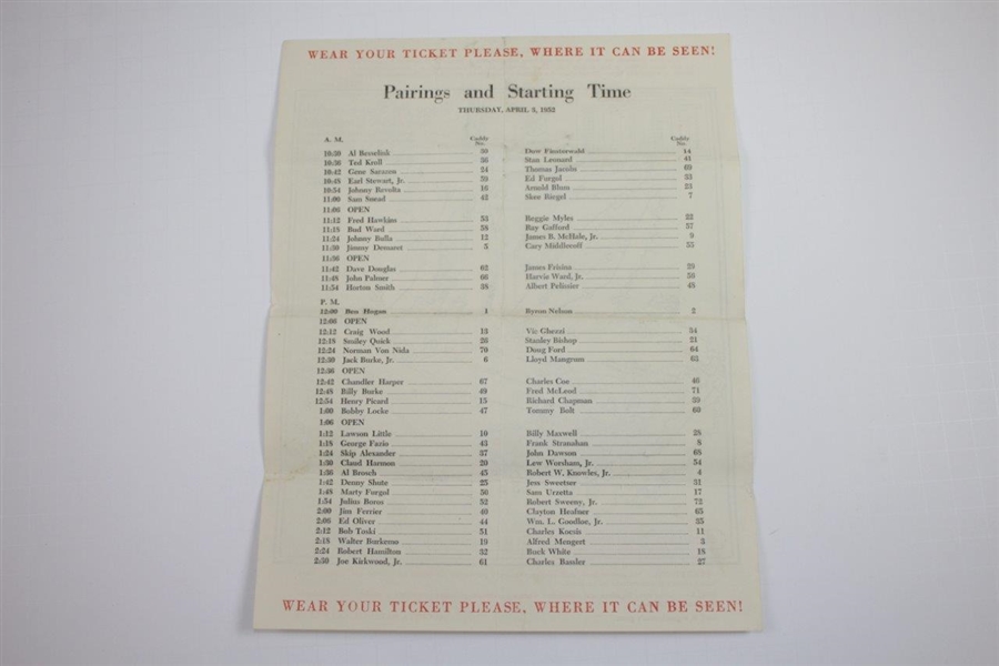Complete Set of Four (4) 1952 Masters Tournament Pairing Sheets - Sam Sneed Winner