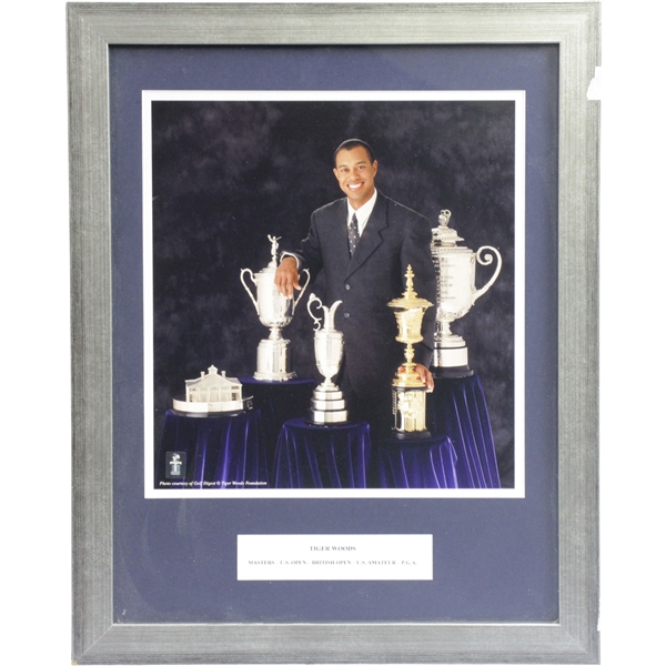 Golf Digest Tiger Woods Foundation Photo with Masters, US Open, OPEN, US Amateur, & PGA Trophies - Framed