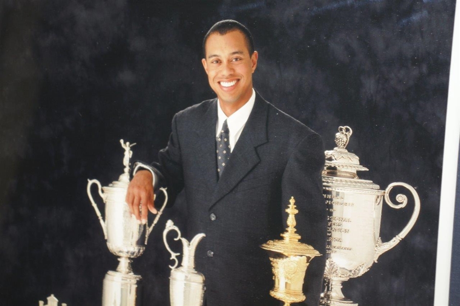 Golf Digest Tiger Woods Foundation Photo with Masters, US Open, OPEN, US Amateur, & PGA Trophies - Framed