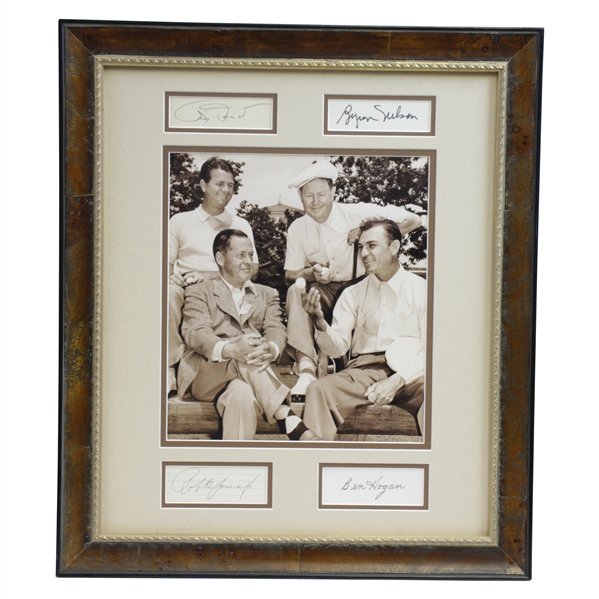 Bobby Jones, Demaret, Hogan, & Nelson Signed Cuts with Surrounding 1940's Sepia Photo of Group