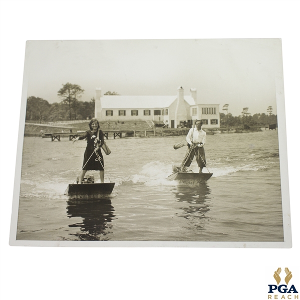 Vintage Female & Male Golfers Crossing River on 'Aquaplanes' with Clubs & Bags 8x10 Wire Photo