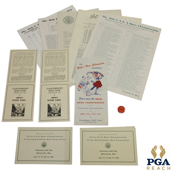 1946 US Open at Canterbury Official Scorecards, Pamphlet, House Badge, Pairing Sheets, & Entry Form