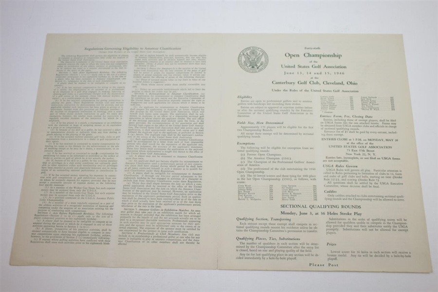1946 US Open at Canterbury Official Scorecards, Pamphlet, House Badge, Pairing Sheets, & Entry Form