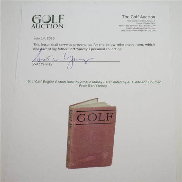 1914 'Golf' English Edition Book by Arnaud Massy - Translated by A.R. Allinson Sourced From Bert Yancey