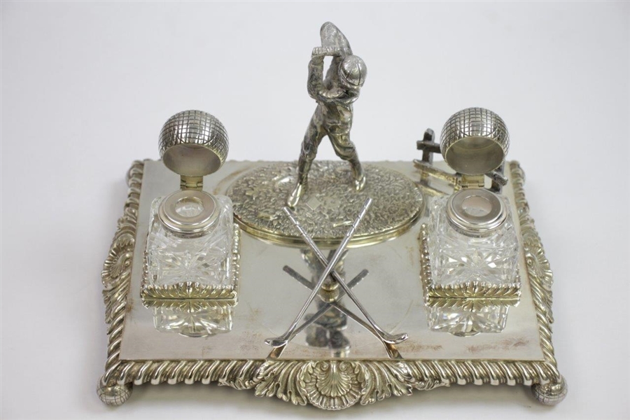 Vintage Ornate Crossed Clubs with Figural Golfer & Two Glass Golf Ball Inkwells