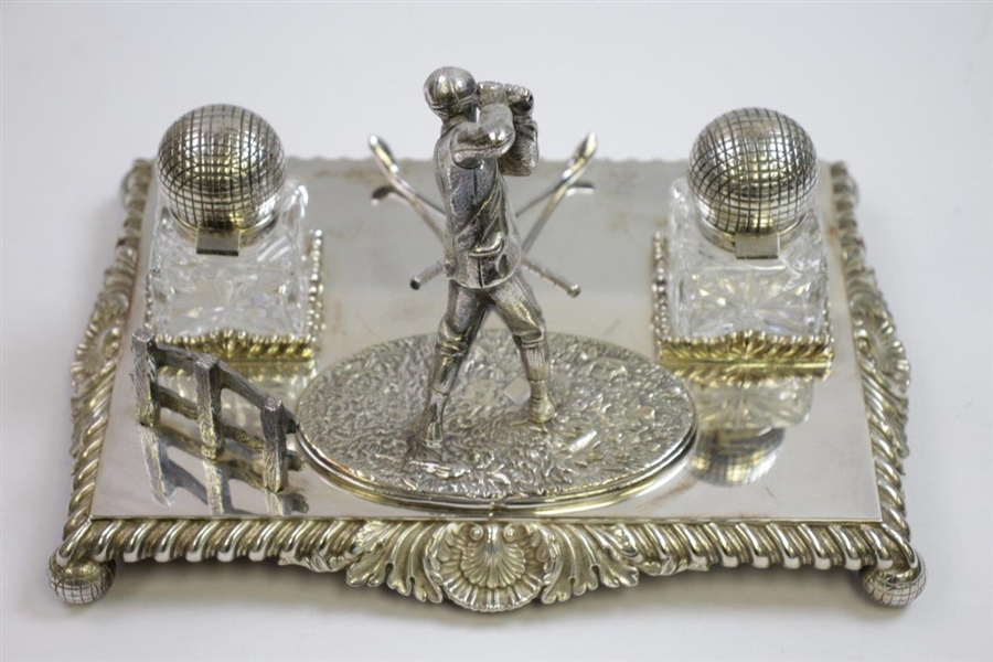 Vintage Ornate Crossed Clubs with Figural Golfer & Two Glass Golf Ball Inkwells