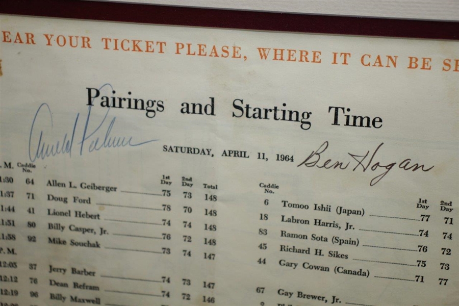 Ben Hogan & Arnold Palmer Signed 1964 Masters Sunday Rd Pairing Sheet Display JSA ALOA