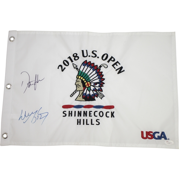 Dustin Johnson & Wayne Gretzky Signed 2018 US Open at Shinnecock Flag JSA FULL #Z27683