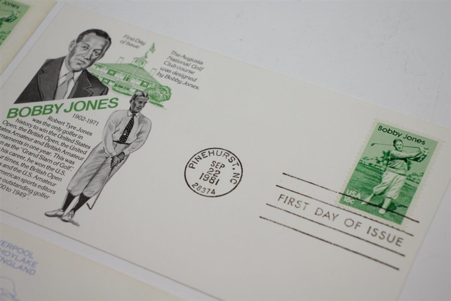 Four (4) Bobby Jones First Day Issue Cachets - Augusta, OPEN, Hall of Fame, Champion