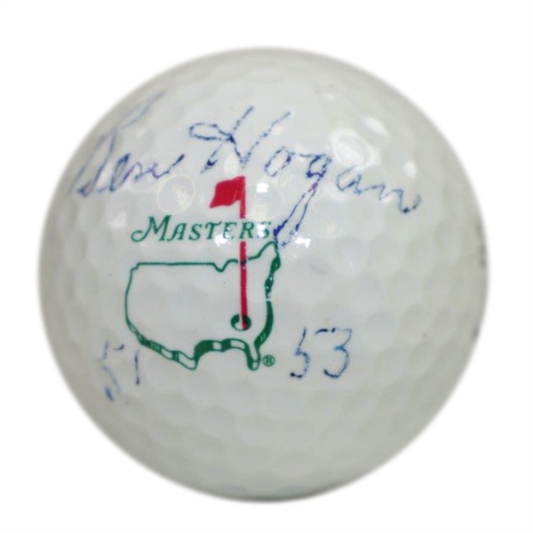 Ben Hogan Signed Vintage Masters Golf Ball with '51 & '53 Win Notation- A Treasure!- PSA/DNA AH01193 Letter