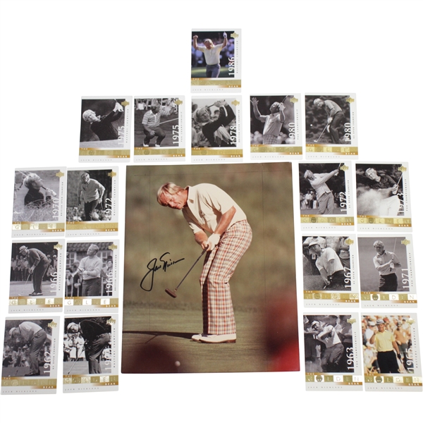 Jack Nicklaus Signed Photo with All 18 Nicklaus The Golden Bear Majors Golf Cards JSA ALOA