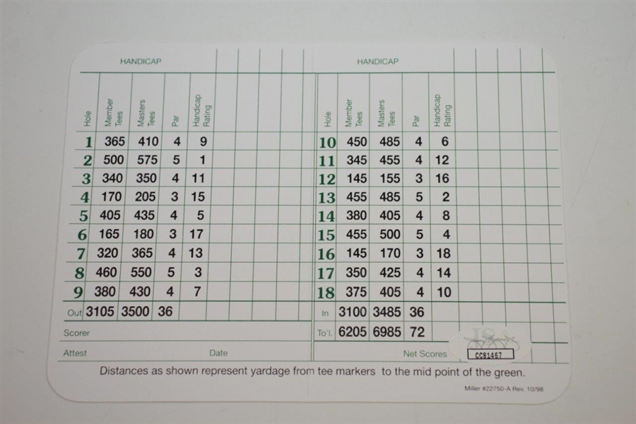 Jack Nicklaus Signed Augusta National Golf Club Scorecard JSA #CC81467