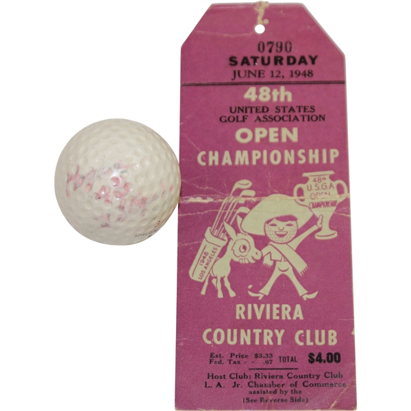 Ben Hogan 1948 US Open at Riviera CC Used Spalding Dot Golf Ball with Final Rd Ticket - Gifted to Ralph Hutchison