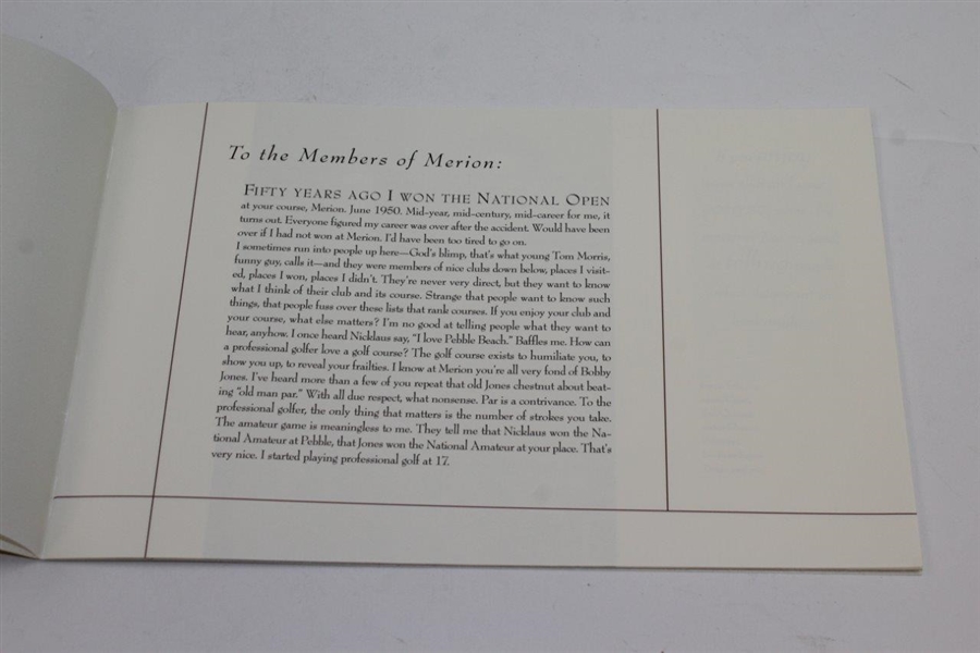Merion Golf Club 2000 Booklet 'A Letter From Ben'
