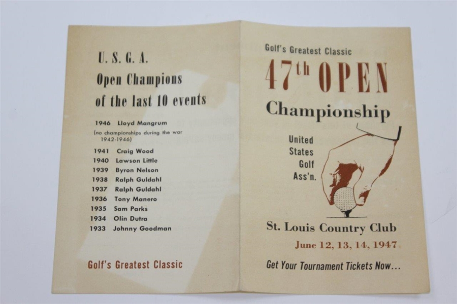 1947 US Open Championship at St. Louis Country Club Official Scorecard with Ticket Order Booklet