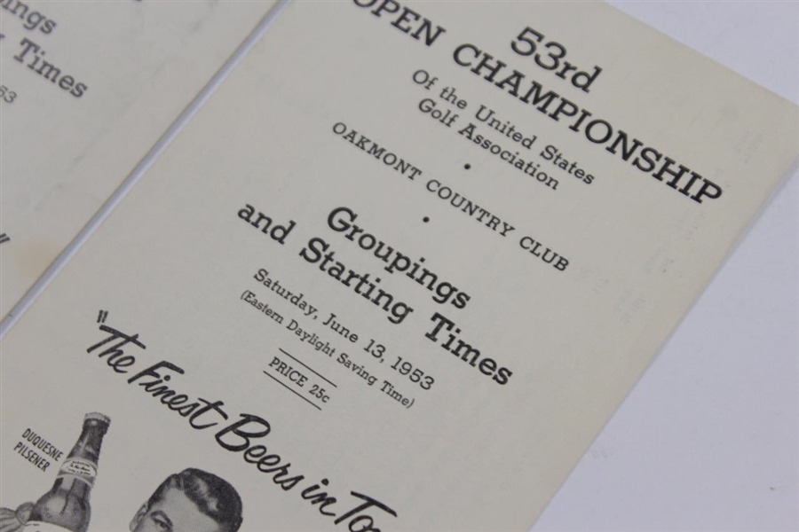 1953 US Open at Oakmont Official Groups & Starting Times (Tues-Sat) - Ben Hogan Winner