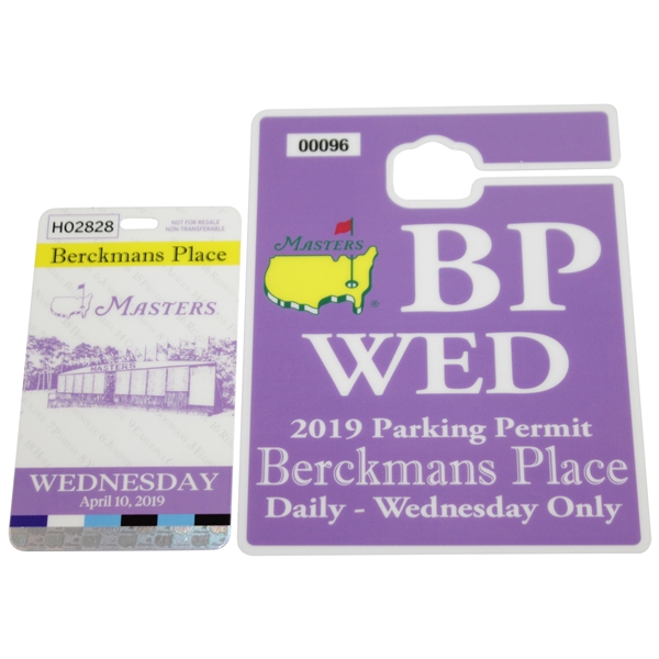 2019 Masters Tournament Berckmans Place Wednesday Badge with Parking Permit - Tiger's 5th Green Jacket