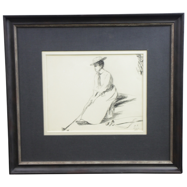 1901 Youg Lady Golfer Original Pen & Ink Study Intitialed by Artist 'B.N.' - July 10th - Framed