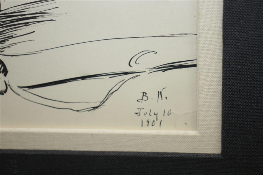 1901 Youg Lady Golfer Original Pen & Ink Study Intitialed by Artist 'B.N.' - July 10th - Framed