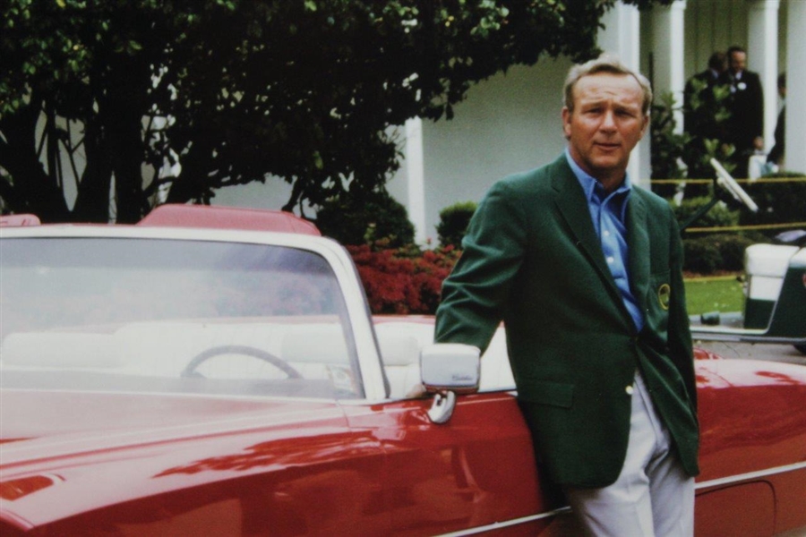 Arnold Palmer in Green Jacket at Augusta National with Red Cadillac 16x20 Mounted Photo