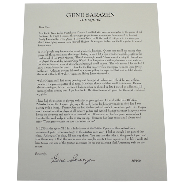 Gene Sarazen Signed Ltd Ed #85/100 (1935 Masters Champ) Typed Letter 'Dear Fan' JSA ALOA
