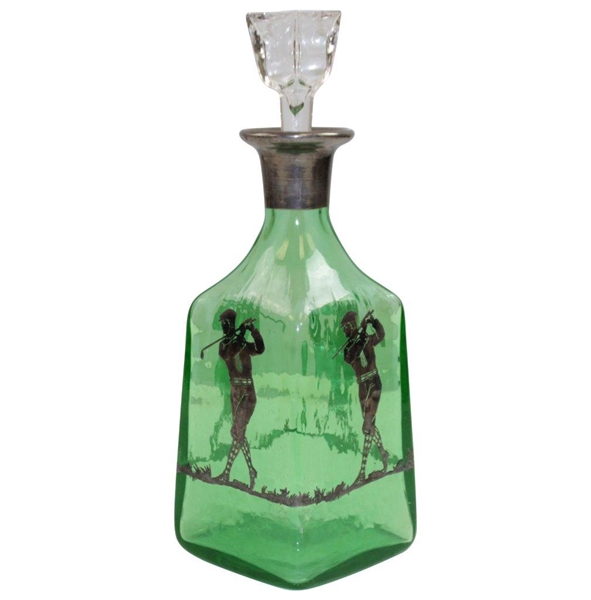 Vintage Emerald Green Sterling Overlay Golfers Decanter with Stopper