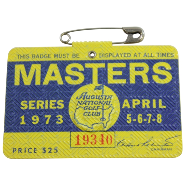 1973 Masters Tournament SERIES Badge #19340 - Tommy Aaron Winner