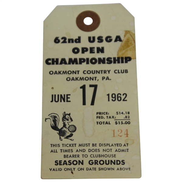 1962 US Open Championship at Oakmont CC FINAL ROUND Grounds Ticket #124 - Nicklaus Win