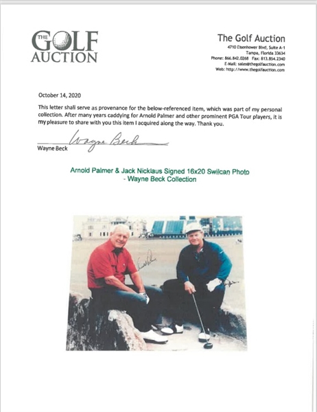 Arnold Palmer & Jack Nicklaus Signed 16x20 Swilcan Photo - Wayne Beck Collection JSA ALOA