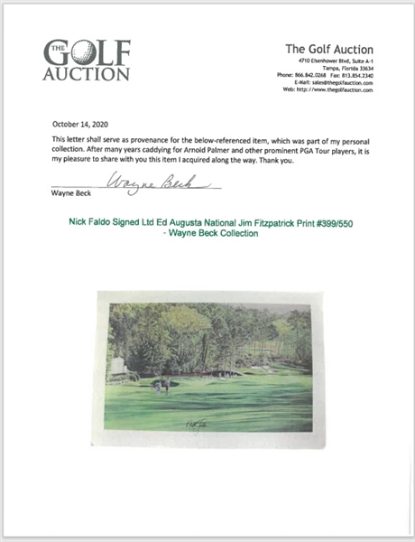 Nick Faldo Signed Ltd Ed Augusta National Jim Fitzpatrick Print #399/550 - Wayne Beck Collection JSA ALOA