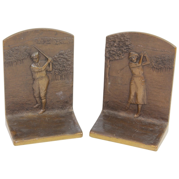 Circa 1920's Bronze Male & Female Golfer Bookends - A9981 & B9981