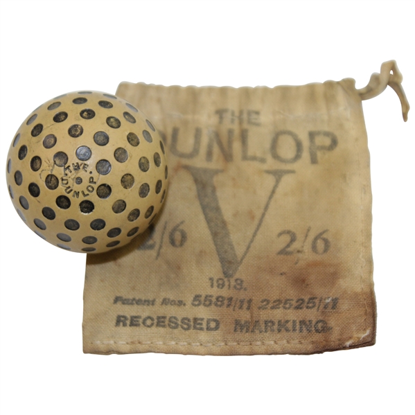 Vintage Pat. 1919 The Dunlop V Recessed Golf Ball with Seldom Seen Original String Tied Canvas Bag