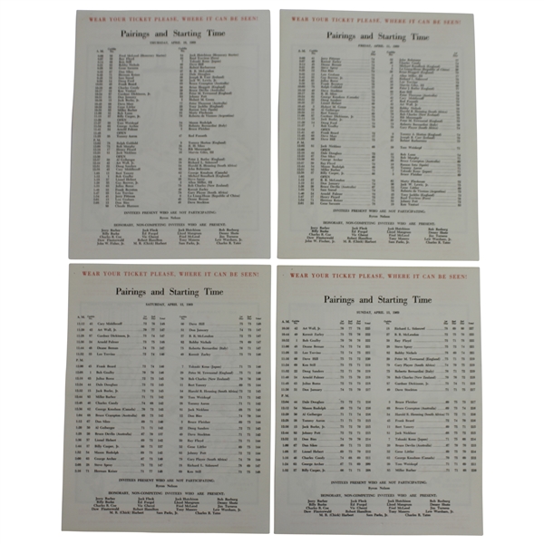 1969 Masters Tournament Thurs-Sunday (4) Pairing Sheets - George Archer Winner
