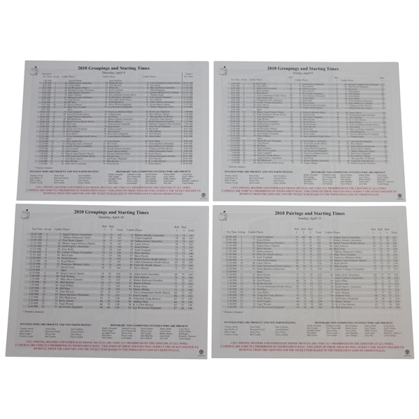 2010 Masters Tournament Thurs-Sunday (4) Pairing Sheets - Phil Mickelson Winner