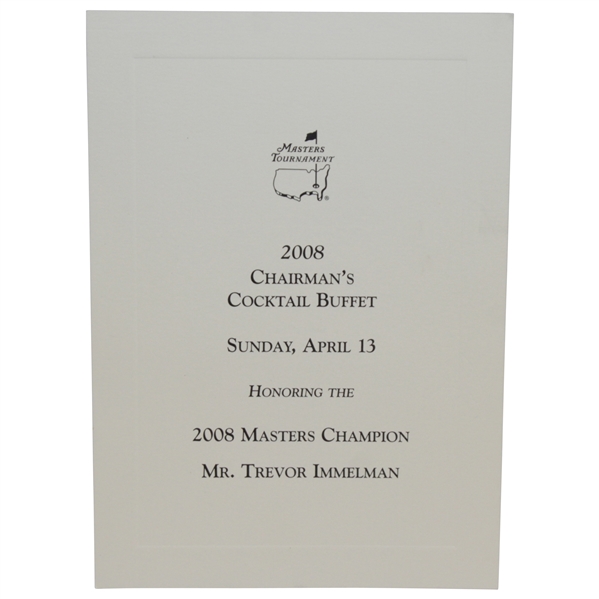 2008 Masters Tournament Chairman's Cocktail Buffet Invitation Honoring Winner Trevor Immelman