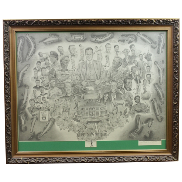 Masters Tournament Legends Collage with Hole Drawings Pencil Print Signed by Artist - Framed