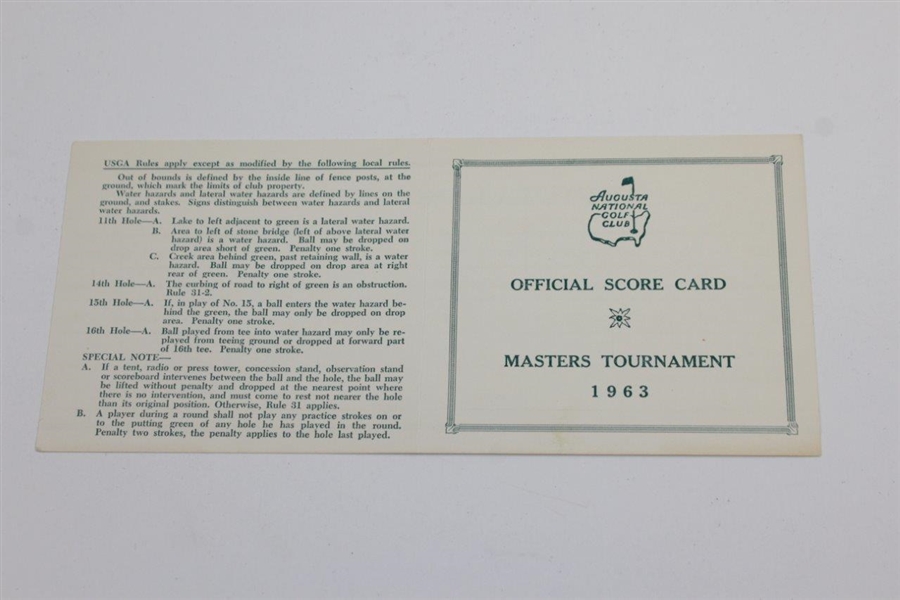 Art Wall Jr. Signed 1963 Masters Tournament Official Scorecard W/His Scoring in Final Round 1959 Win JSA ALOA