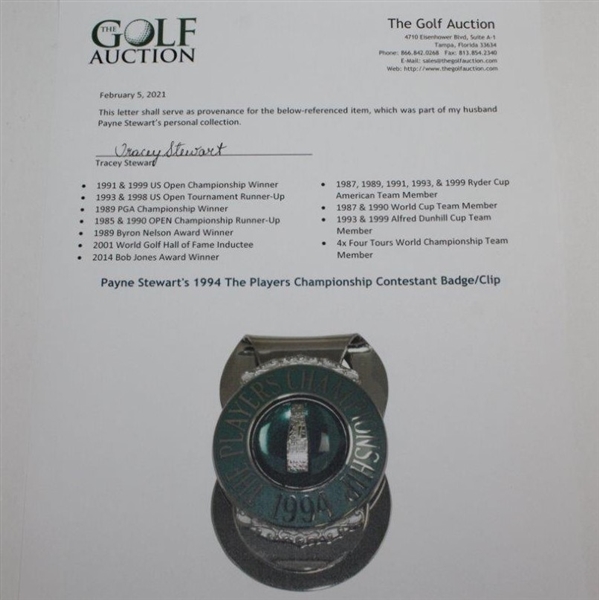 Payne Stewart's 1994 The Players Championship Contestant Badge/Clip