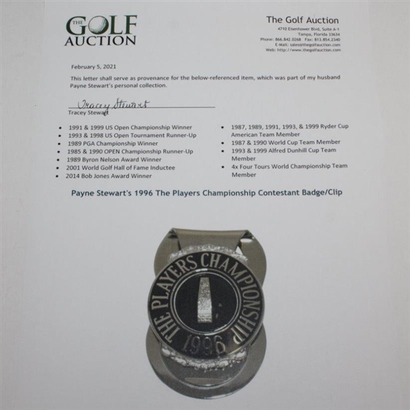 Payne Stewart's 1996 The Players Championship Contestant Badge/Clip