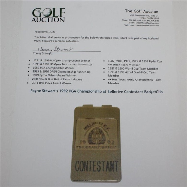 Payne Stewart's 1992 PGA Championship at Bellerive Contestant Badge/Clip